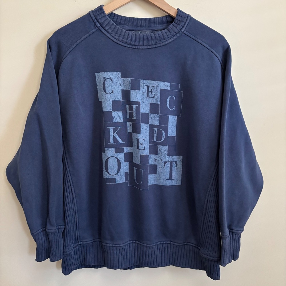 Aerie Checked Out Graphic Sweatshirt Blue Ribbed Side Panels Small